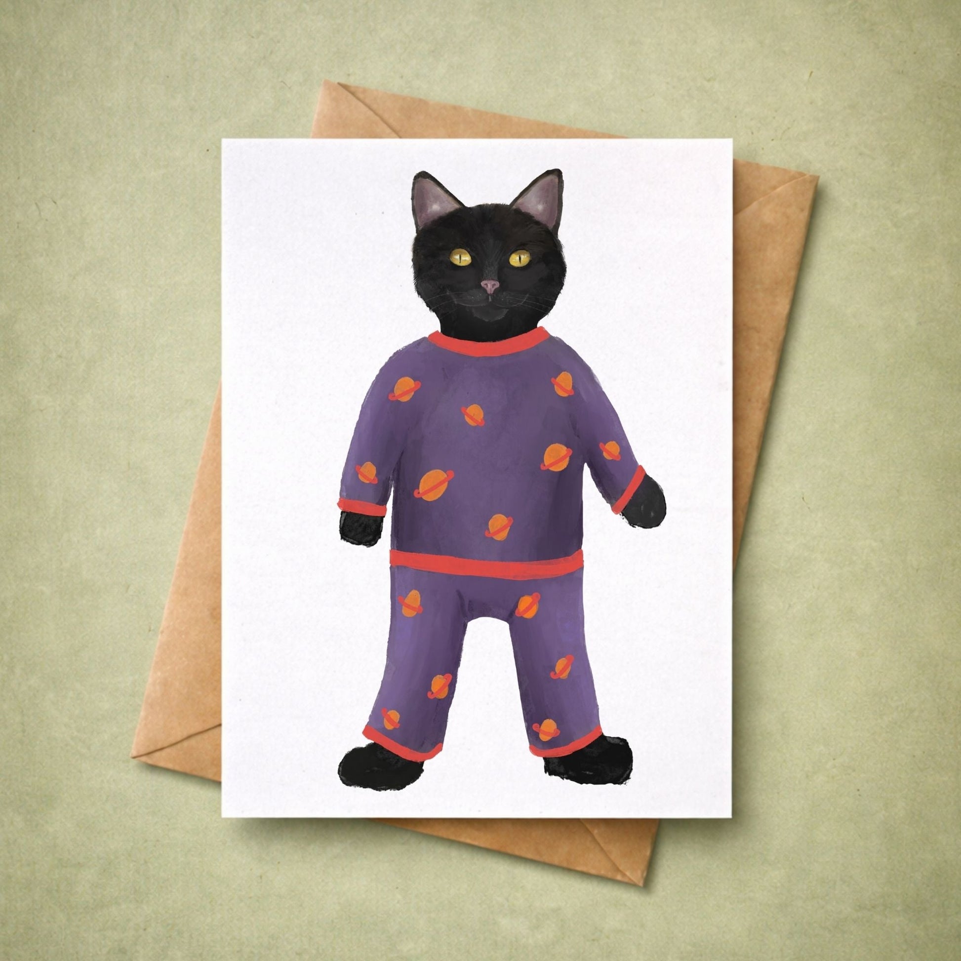 Black Cat In Purple Pajamas Postcard - MerikaArt