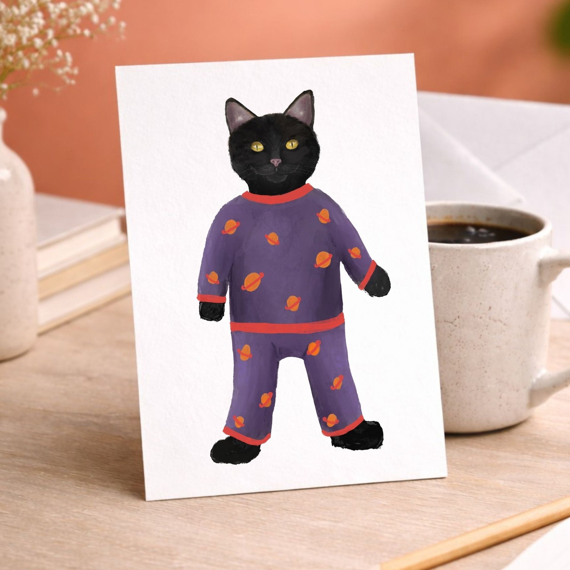 Black Cat In Purple Pajamas Postcard - MerikaArt