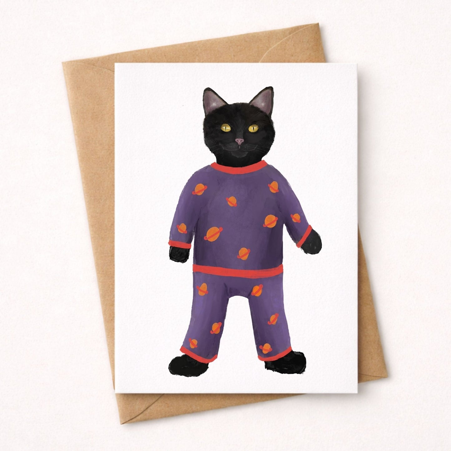Black Cat In Purple Pajamas Postcard - MerikaArt