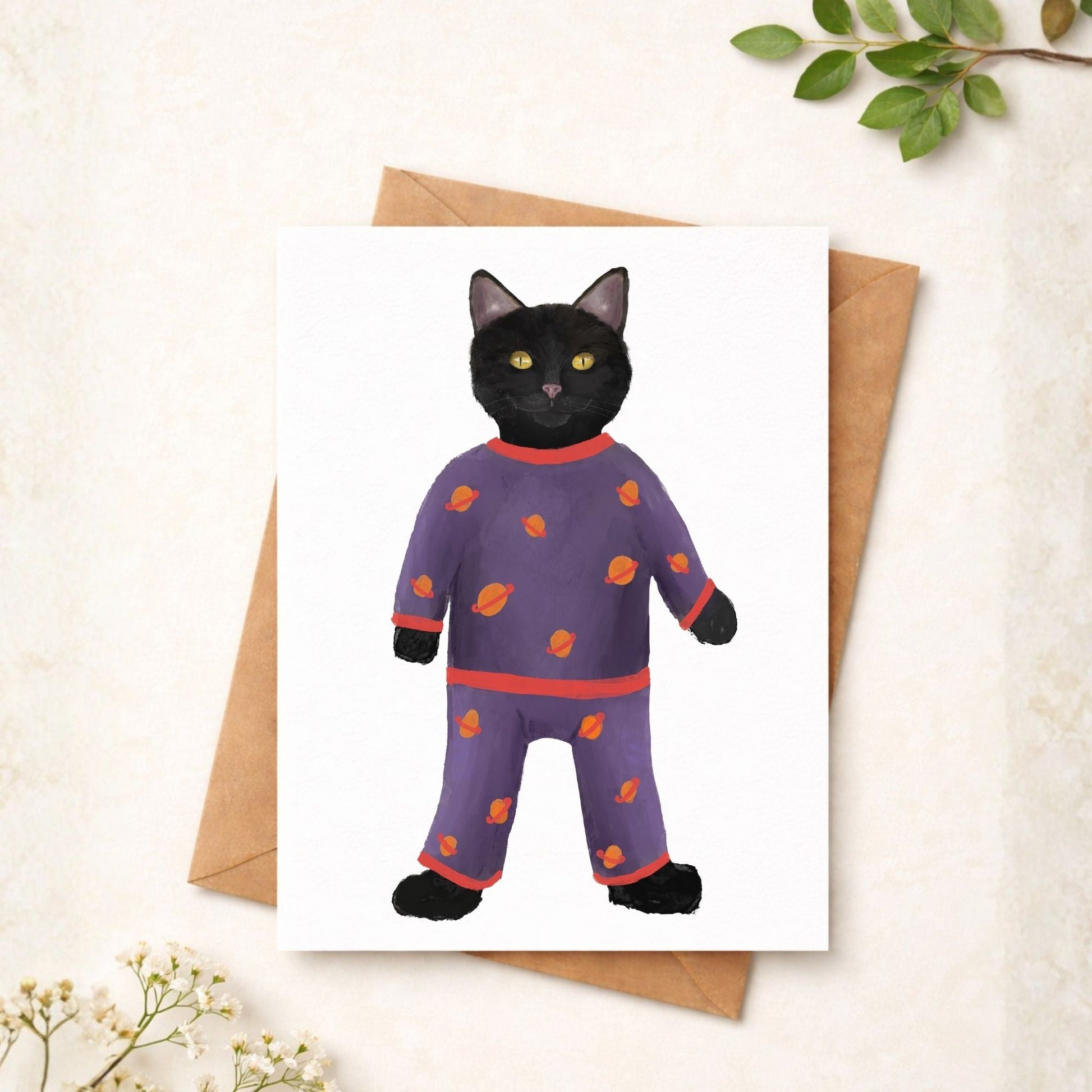 Black Cat In Purple Pajamas Postcard - MerikaArt