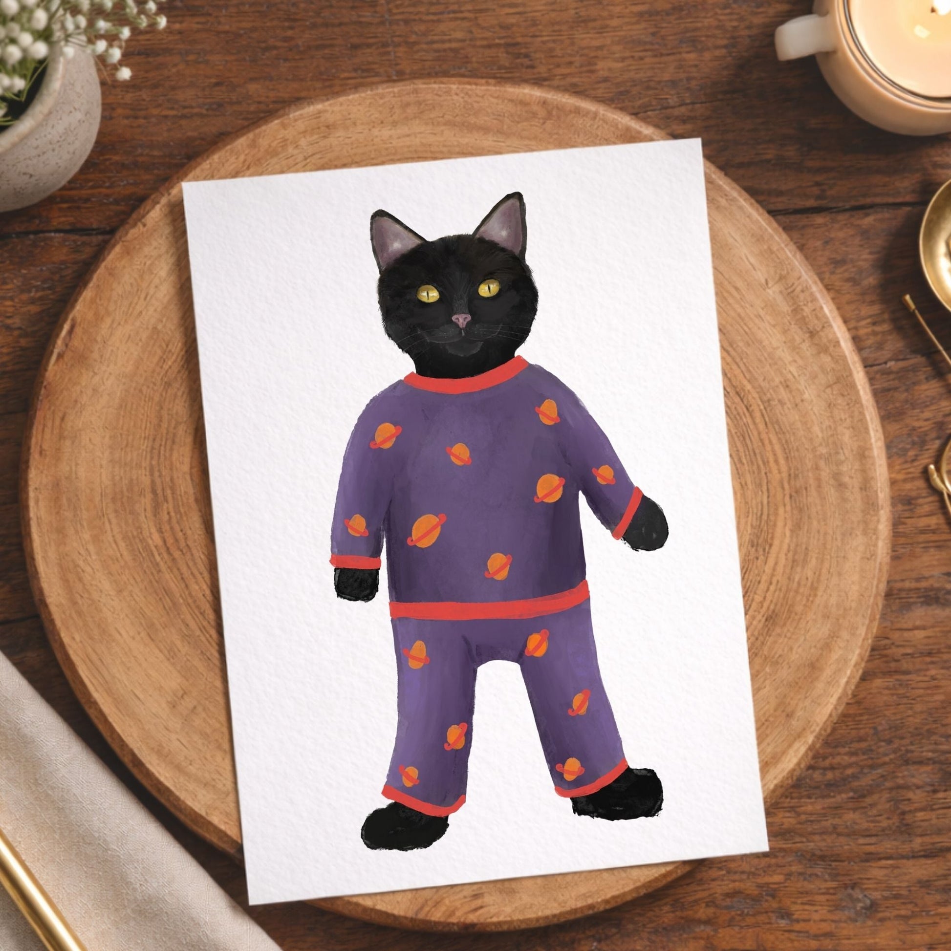 Black Cat In Purple Pajamas Postcard - MerikaArt