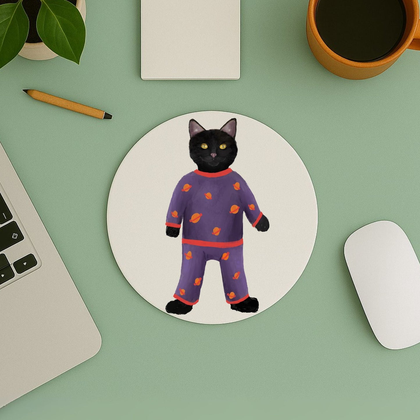 Black Cat in Purple Planet Pajamas Mousepad - MerikaArt