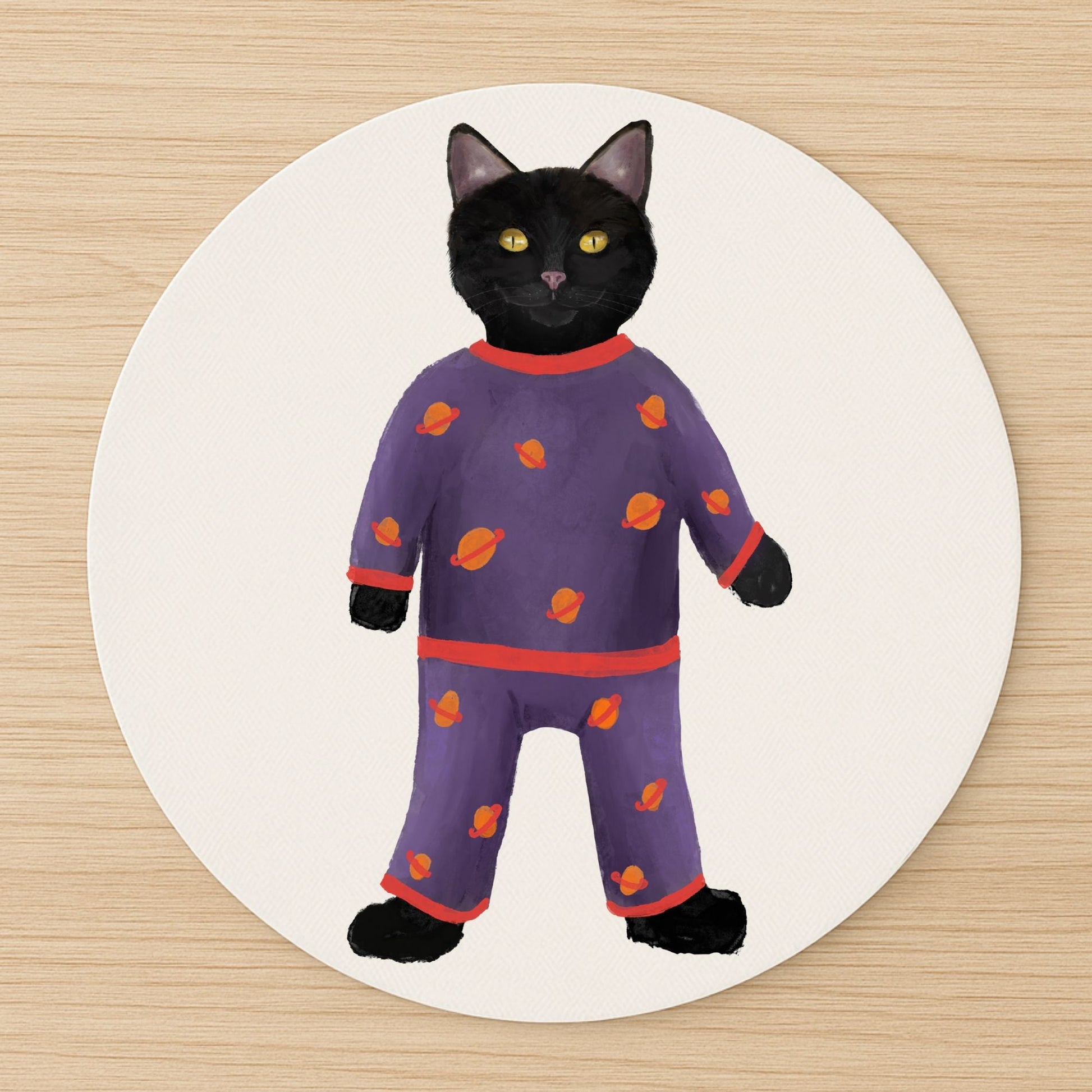 Black Cat in Purple Planet Pajamas Mousepad - MerikaArt