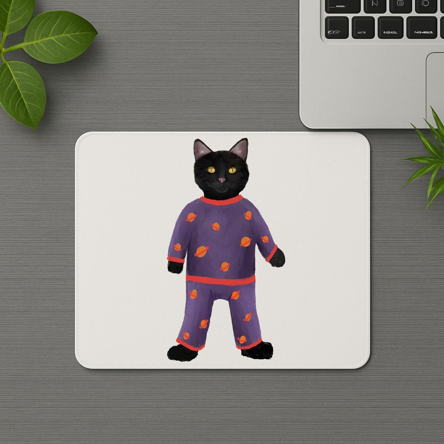 Black Cat in Purple Planet Pajamas Mousepad - MerikaArt
