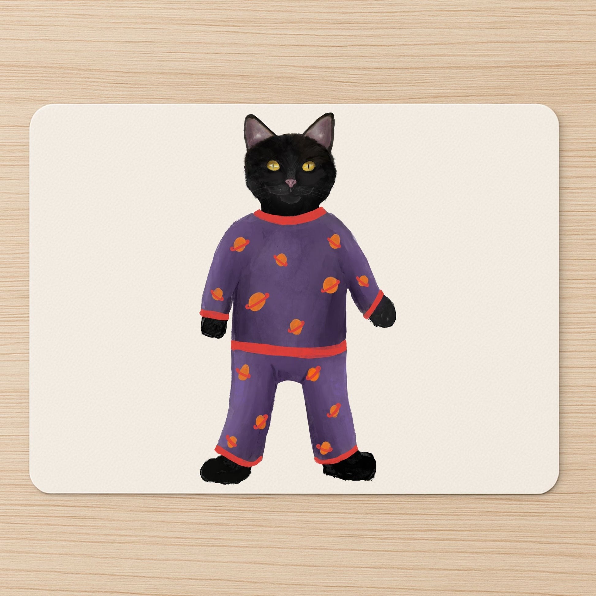 Black Cat in Purple Planet Pajamas Mousepad - MerikaArt
