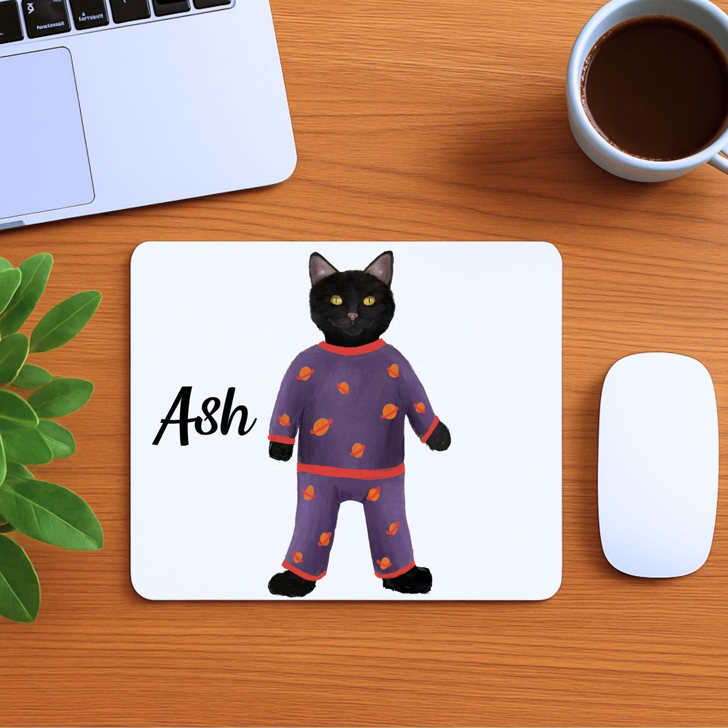 Black Cat in Purple Planet Pajamas Mousepad - MerikaArt