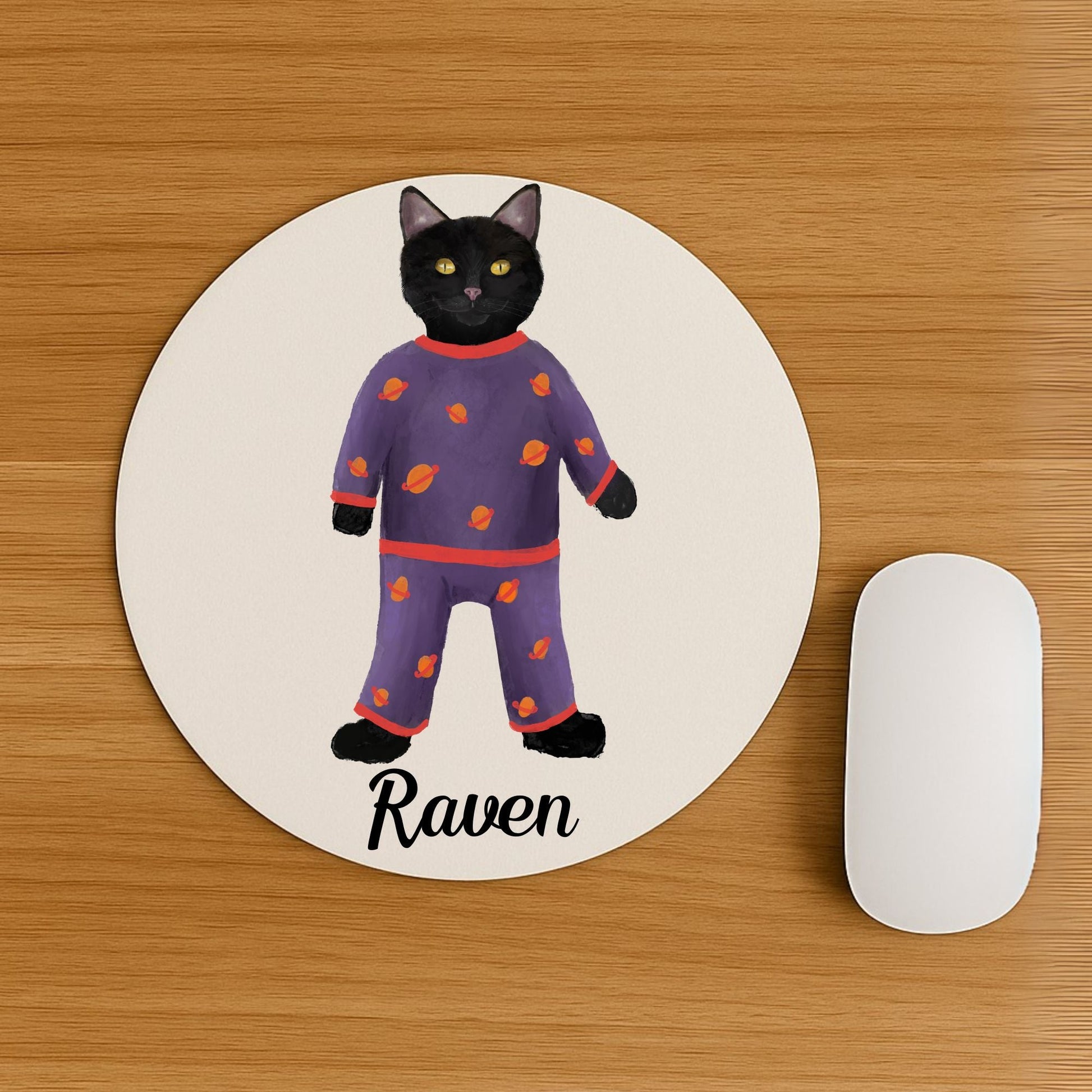 Black Cat in Purple Planet Pajamas Mousepad - MerikaArt