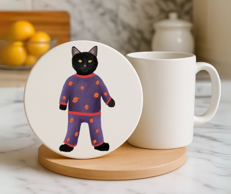 Black Cat in Space Pajamas Ceramic Coaster - MerikaArt