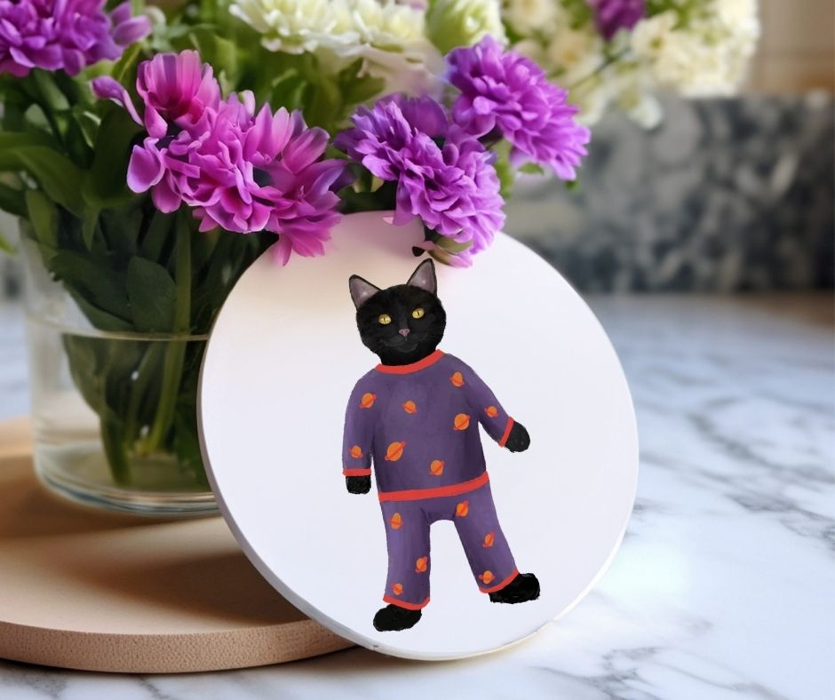 Black Cat in Space Pajamas Ceramic Coaster - MerikaArt