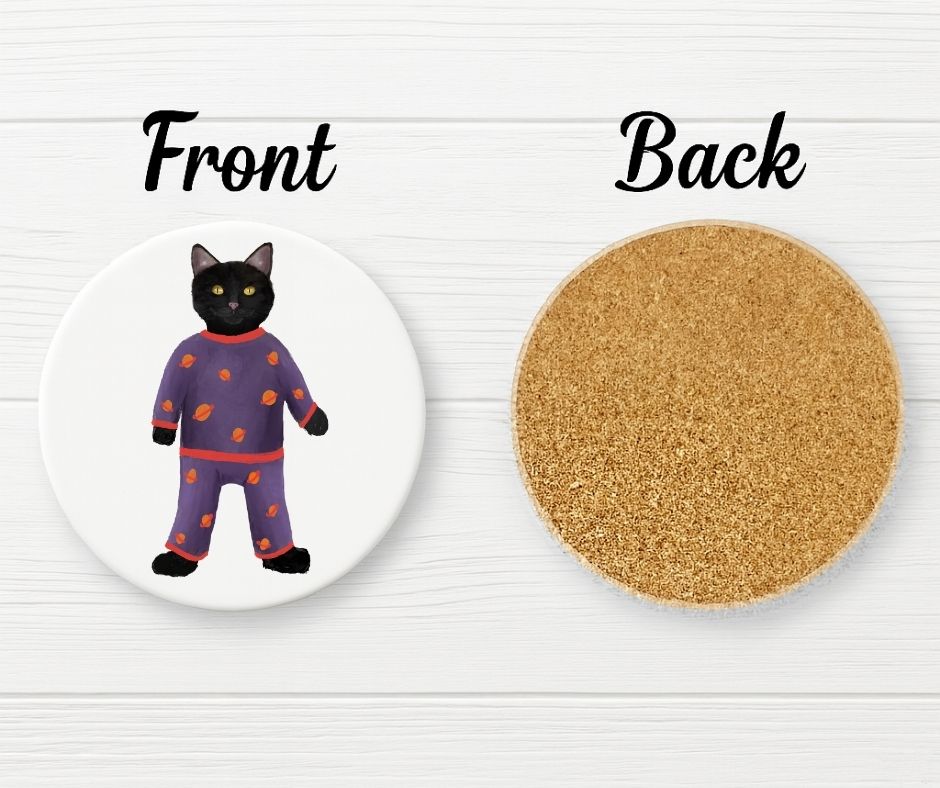 Black Cat in Space Pajamas Ceramic Coaster - MerikaArt