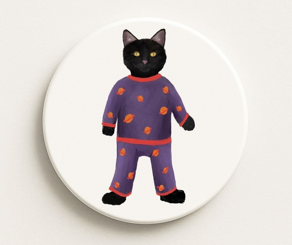 Black Cat in Space Pajamas Ceramic Coaster - MerikaArt