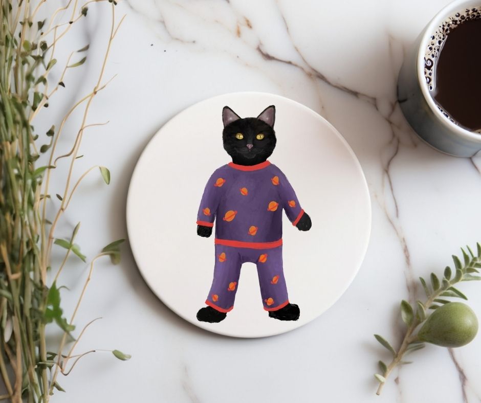 Black Cat in Space Pajamas Ceramic Coaster - MerikaArt
