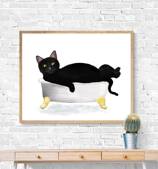 Black Cat in Tub Print - MerikaArt