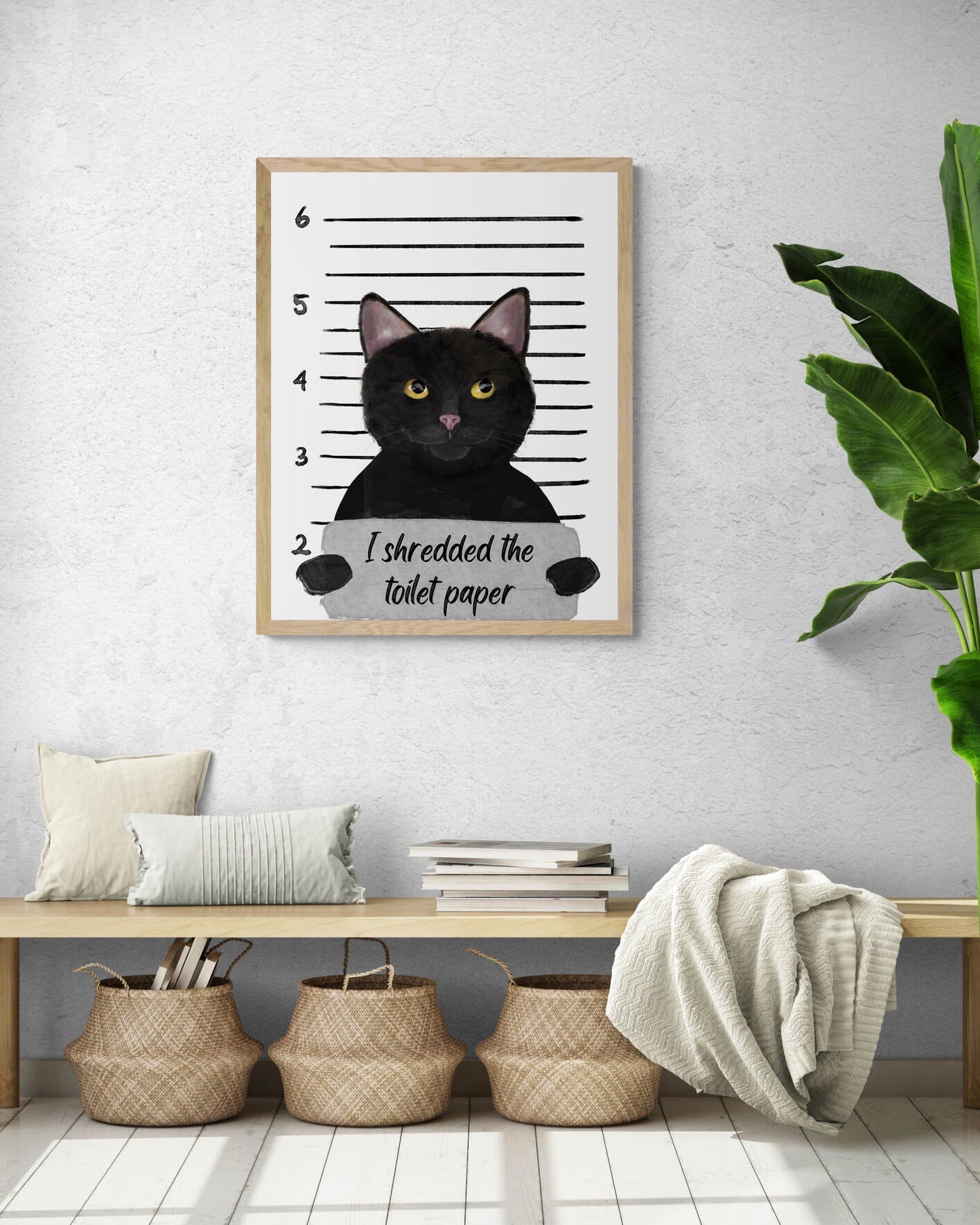 Black Cat Mug Shot Print, Black Cat in Prison Artwork, Bathroom Painting, Cat Shredded Toilet Paper Print, Cat Lover Gift, Funny Cat Gift - MerikaArt