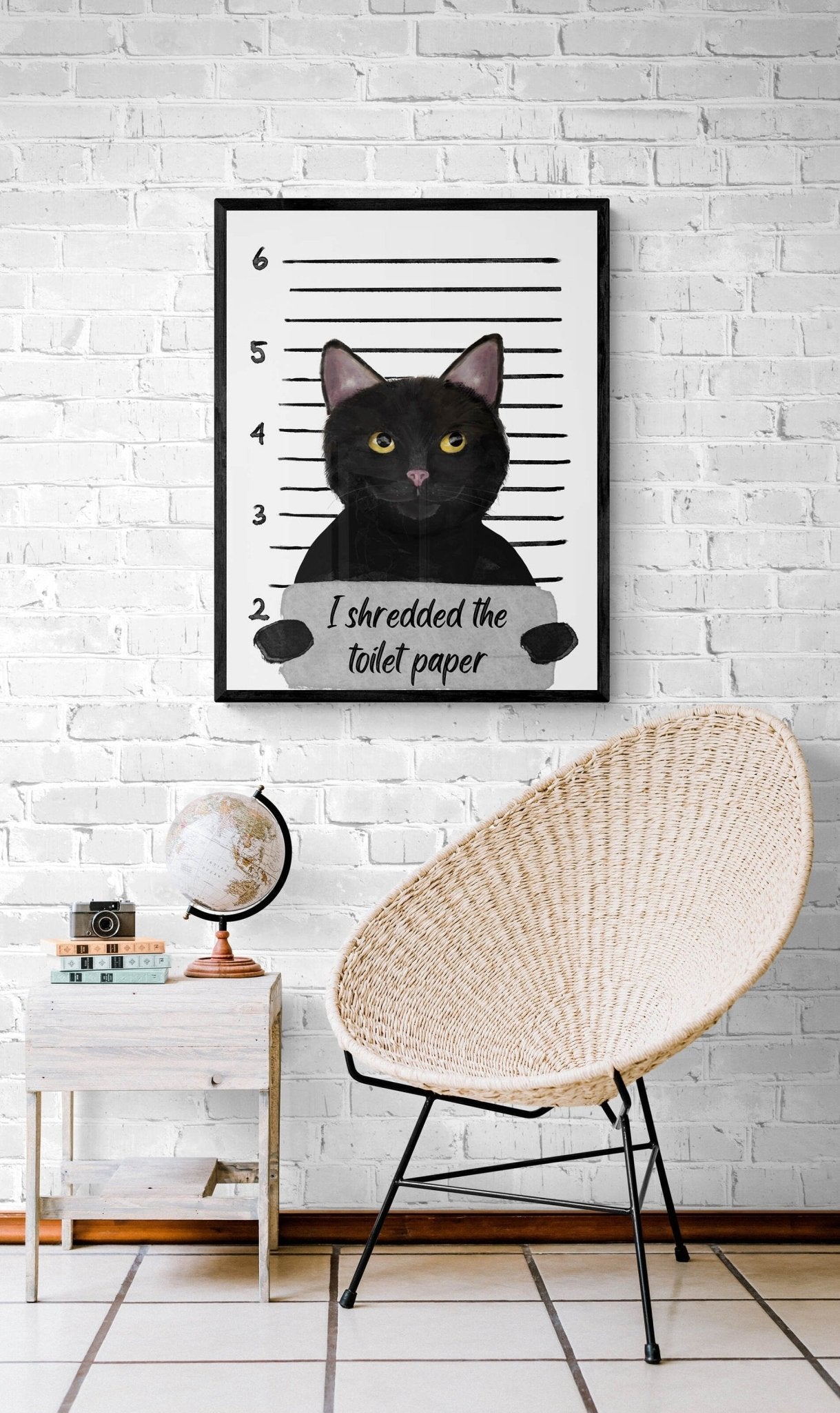 Black Cat Mug Shot Print, Black Cat in Prison Artwork, Bathroom Painting, Cat Shredded Toilet Paper Print, Cat Lover Gift, Funny Cat Gift - MerikaArt