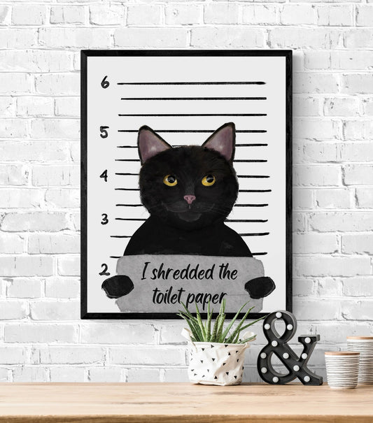 Black Cat Mug Shot Print, Black Cat in Prison Artwork, Bathroom Painting, Cat Shredded Toilet Paper Print, Cat Lover Gift, Funny Cat Gift - MerikaArt