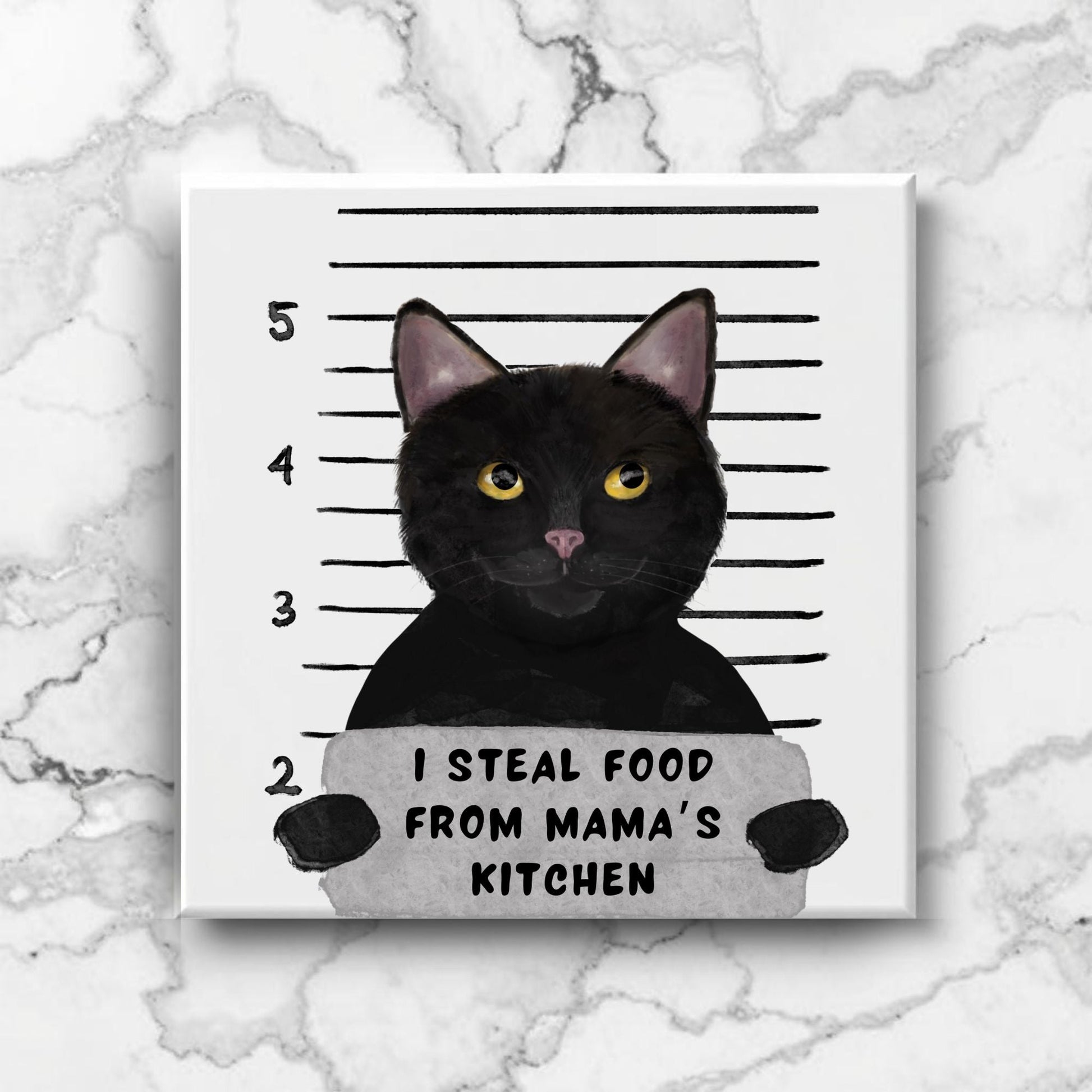 Black Cat Mugshot Ceramic Tile - MerikaArt
