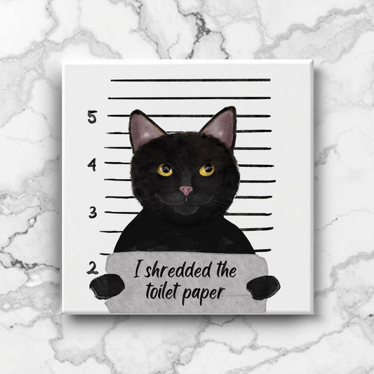 Black Cat Mugshot Ceramic Tile – Handcrafted Whimsical Pet Art Decor - MerikaArt