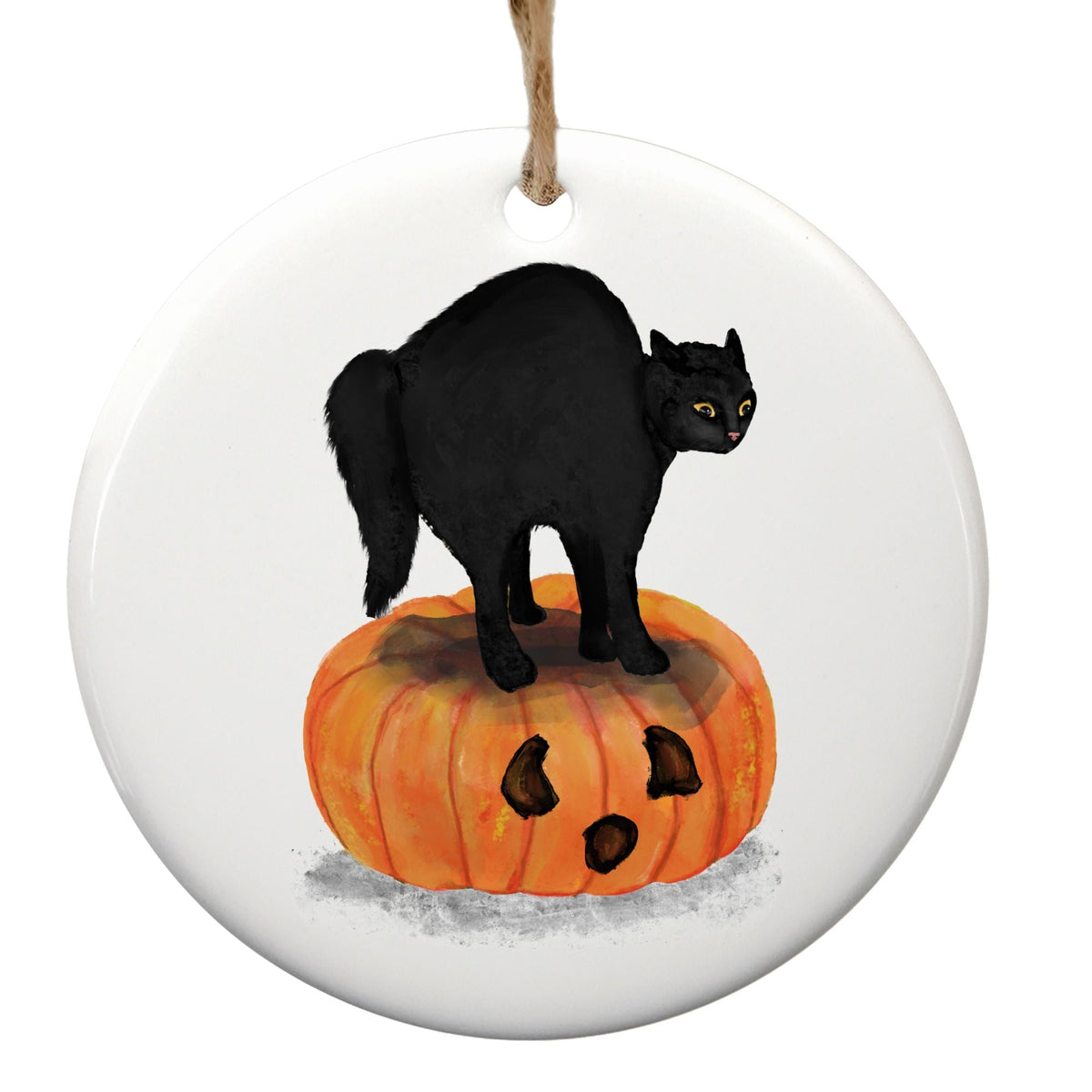 Black Cat on Pumpkin Ceramic Ornament - MerikaArt