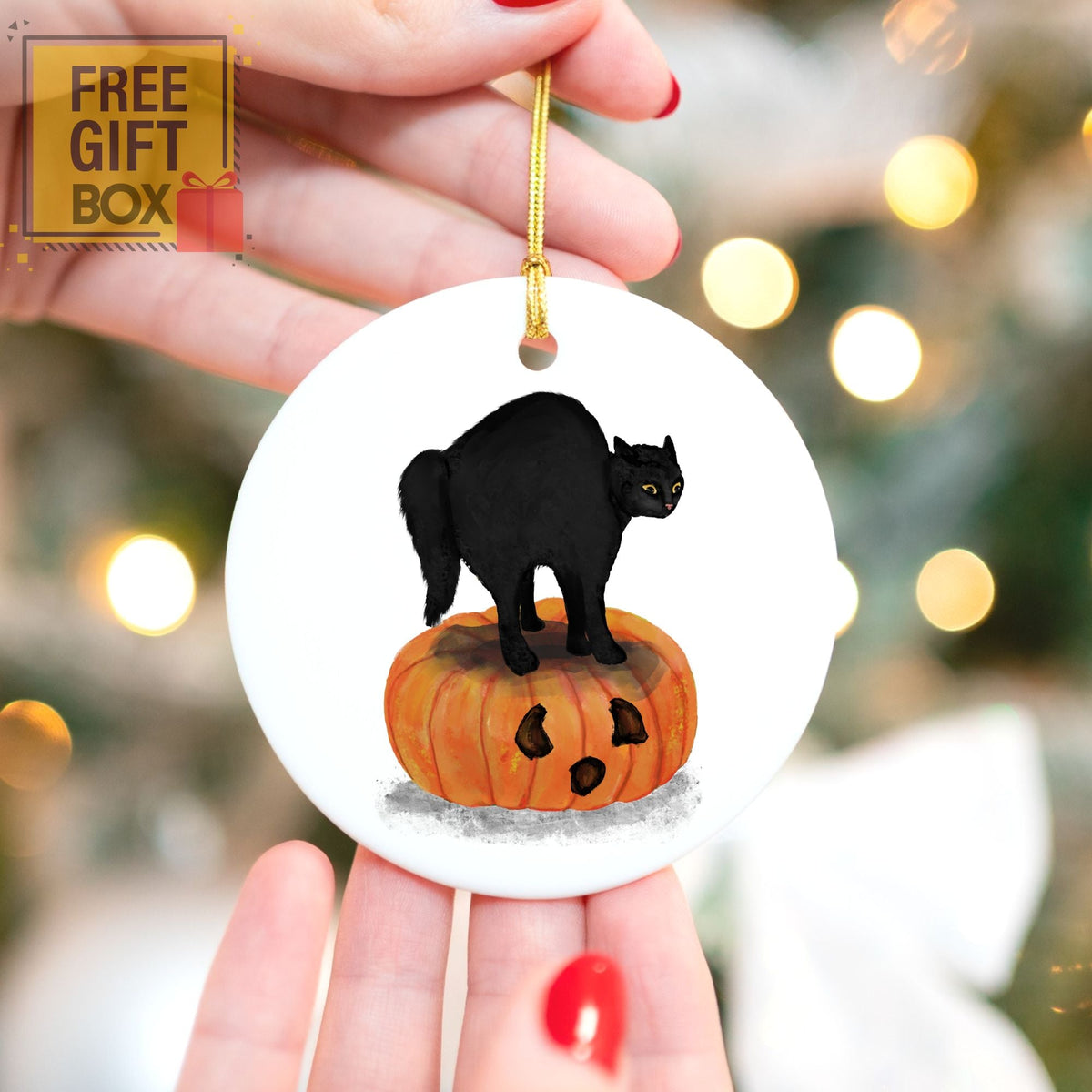 Black Cat on Pumpkin Ceramic Ornament - MerikaArt