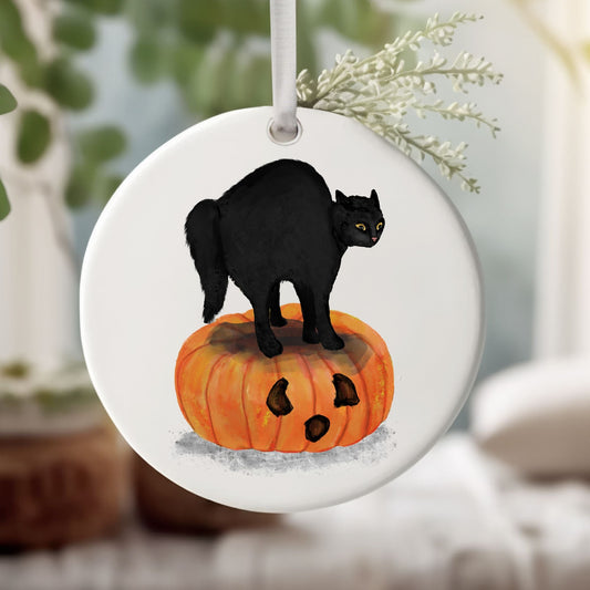 Black Cat on Pumpkin Ceramic Ornament - MerikaArt
