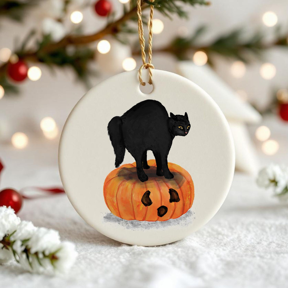 Black Cat on Pumpkin Ceramic Ornament - MerikaArt