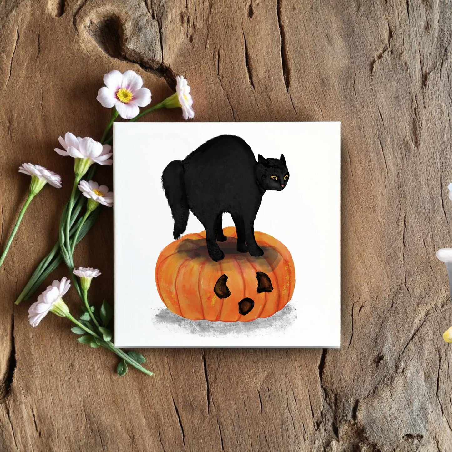 Black Cat on Pumpkin Ceramic Tile - MerikaArt