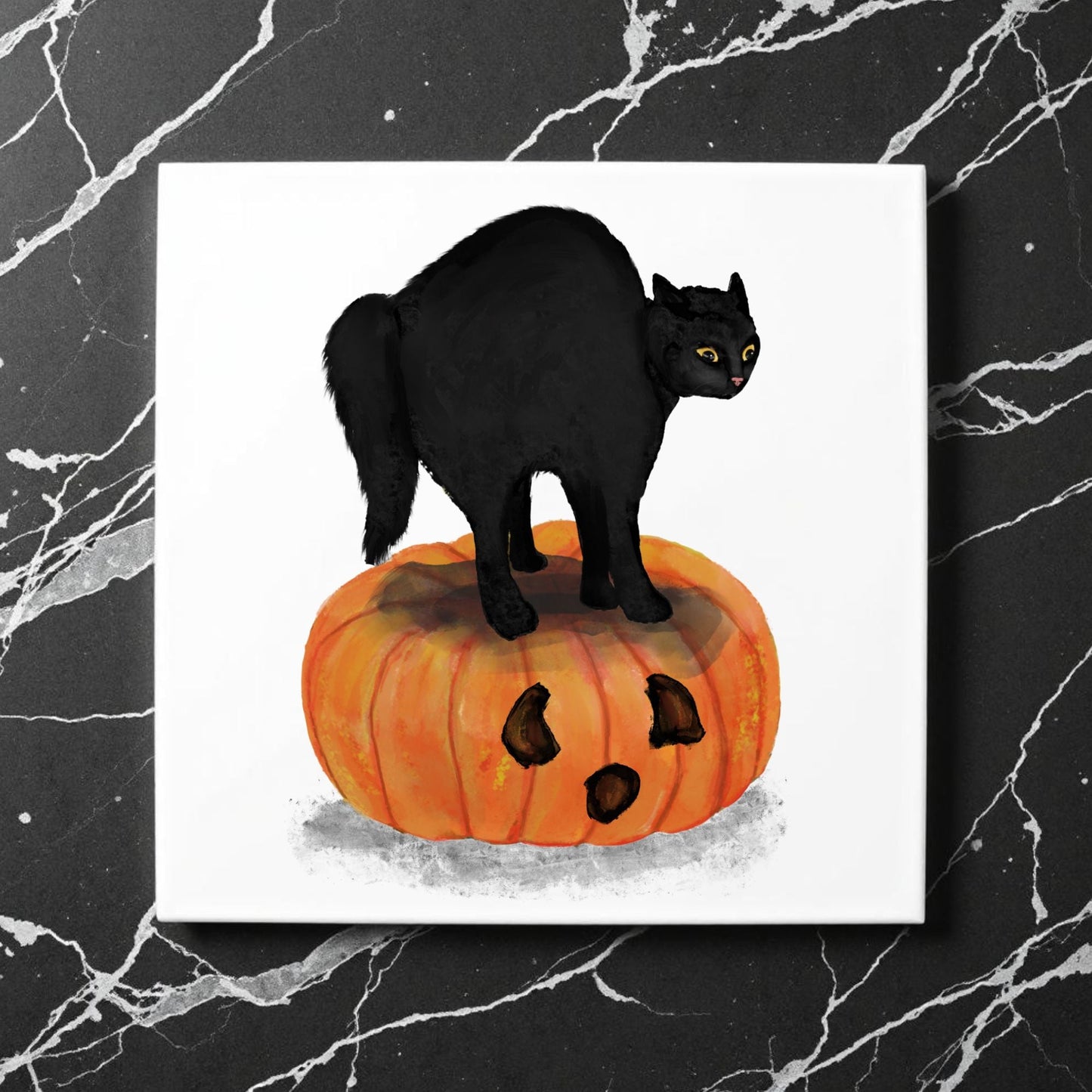 Black Cat on Pumpkin Ceramic Tile - MerikaArt