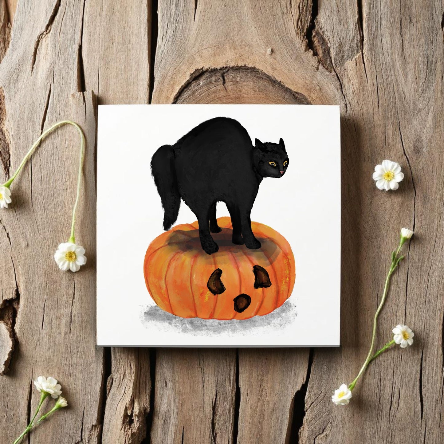 Black Cat on Pumpkin Ceramic Tile - MerikaArt