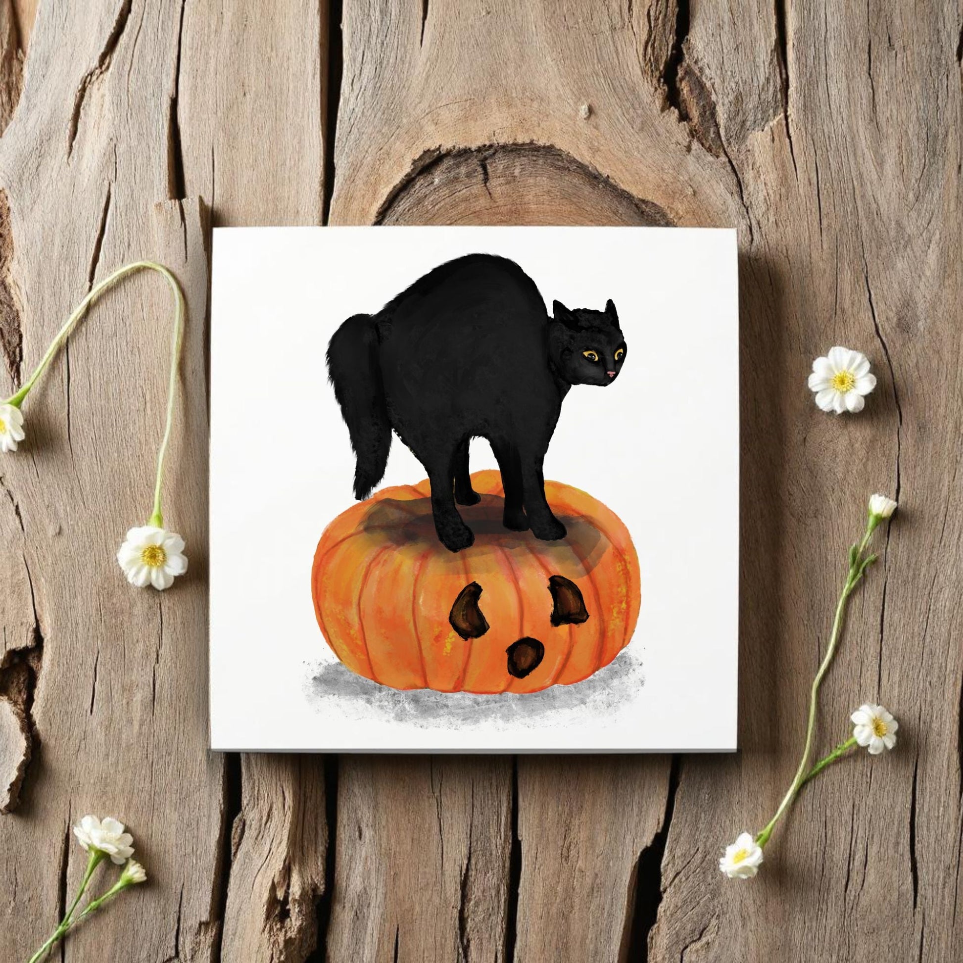 Black Cat on Pumpkin Ceramic Tile - MerikaArt