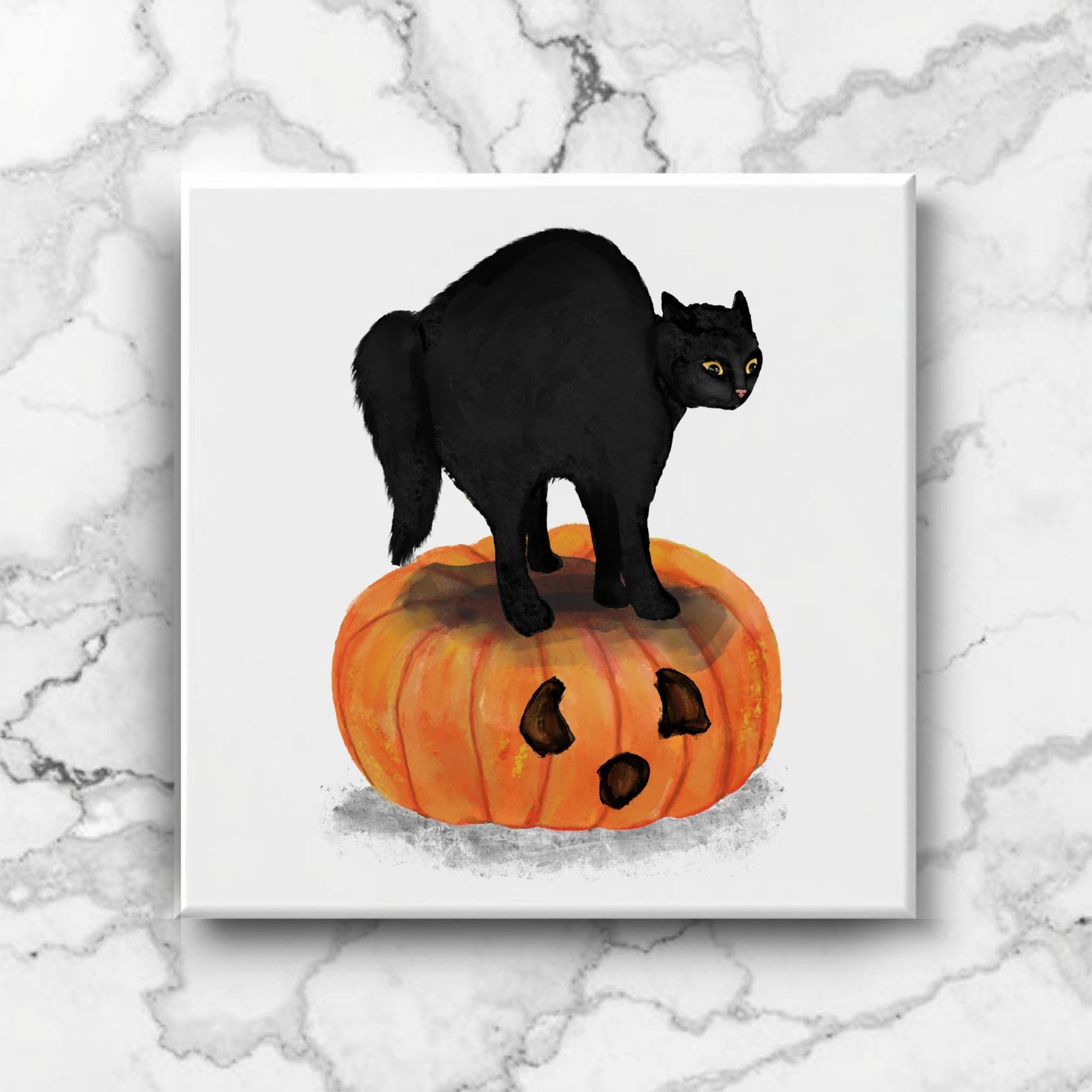 Black Cat on Pumpkin Ceramic Tile - MerikaArt