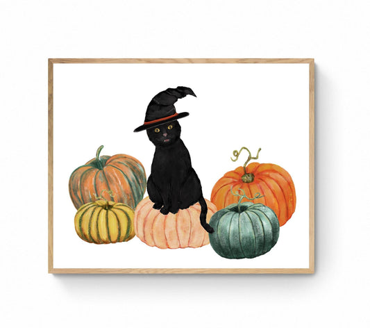 Black Cat on Pumpkin Print, Halloween Cat Painting, Black Cat Sitting in Pumpkin, Holiday Wall Art, Black Cat Wearing Witch Hat - MerikaArt