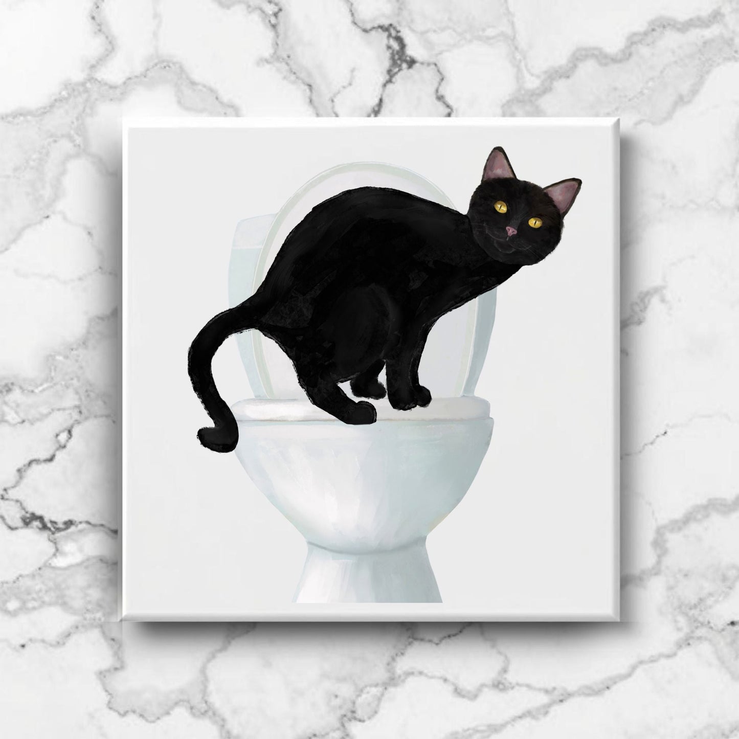 Black Cat on Toilet Ceramic Tile – Handcrafted Feline Decor - MerikaArt