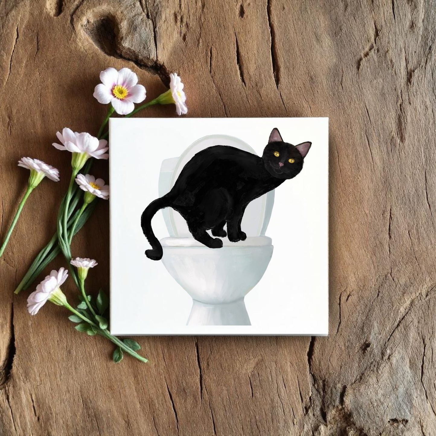 Black Cat on Toilet Ceramic Tile – Handcrafted Feline Decor - MerikaArt