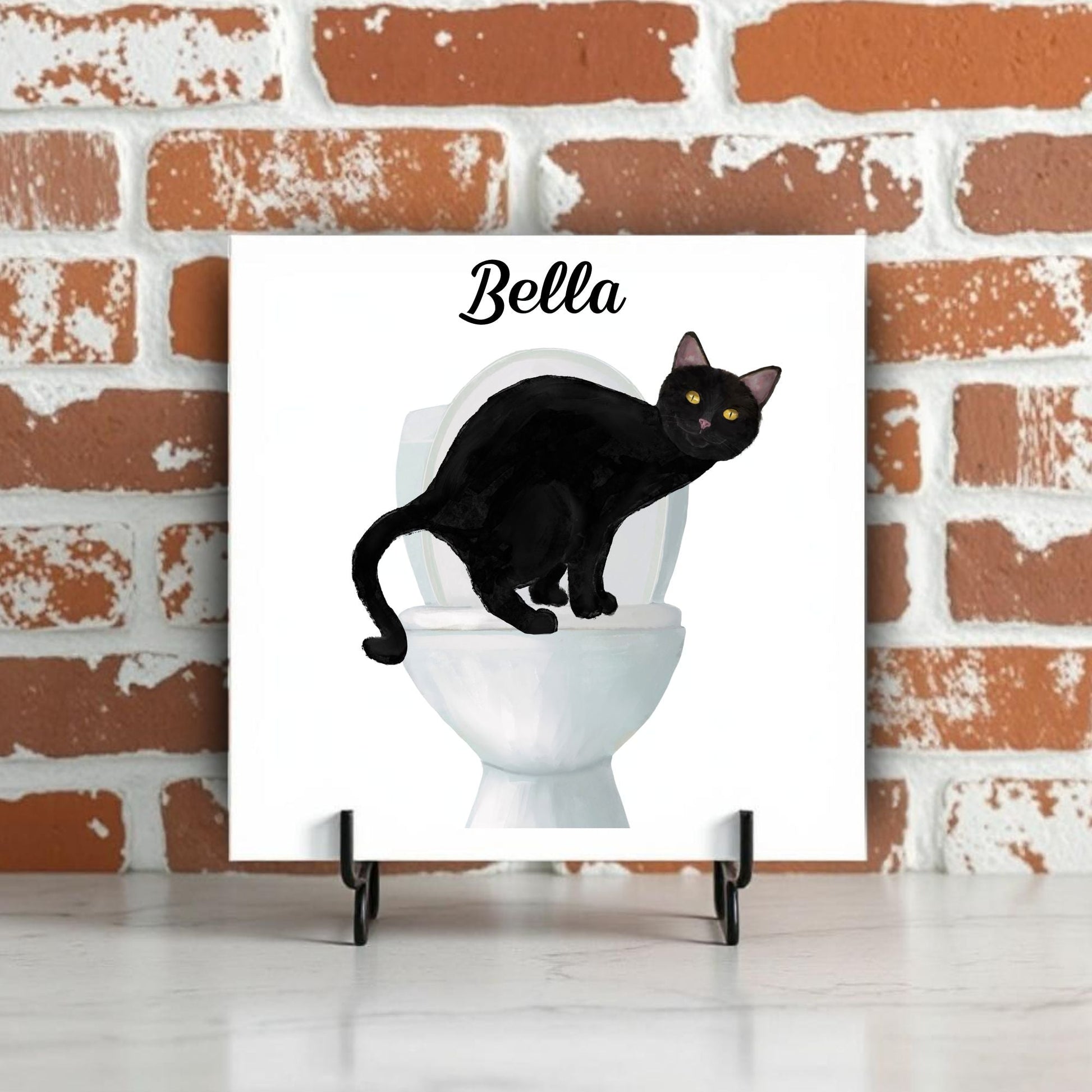 Black Cat on Toilet Ceramic Tile – Handcrafted Feline Decor - MerikaArt