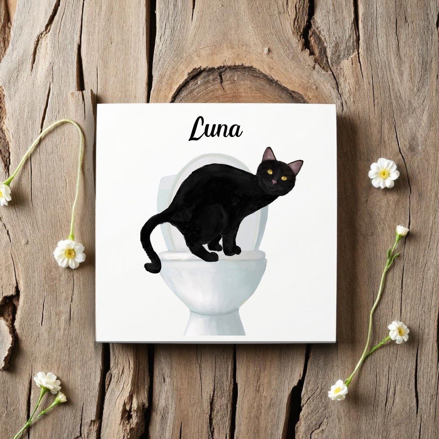 Black Cat on Toilet Ceramic Tile – Handcrafted Feline Decor - MerikaArt