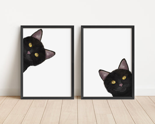 Black Cat Peeking Art Print - Peekaboo Print Set of 2 - MerikaArt