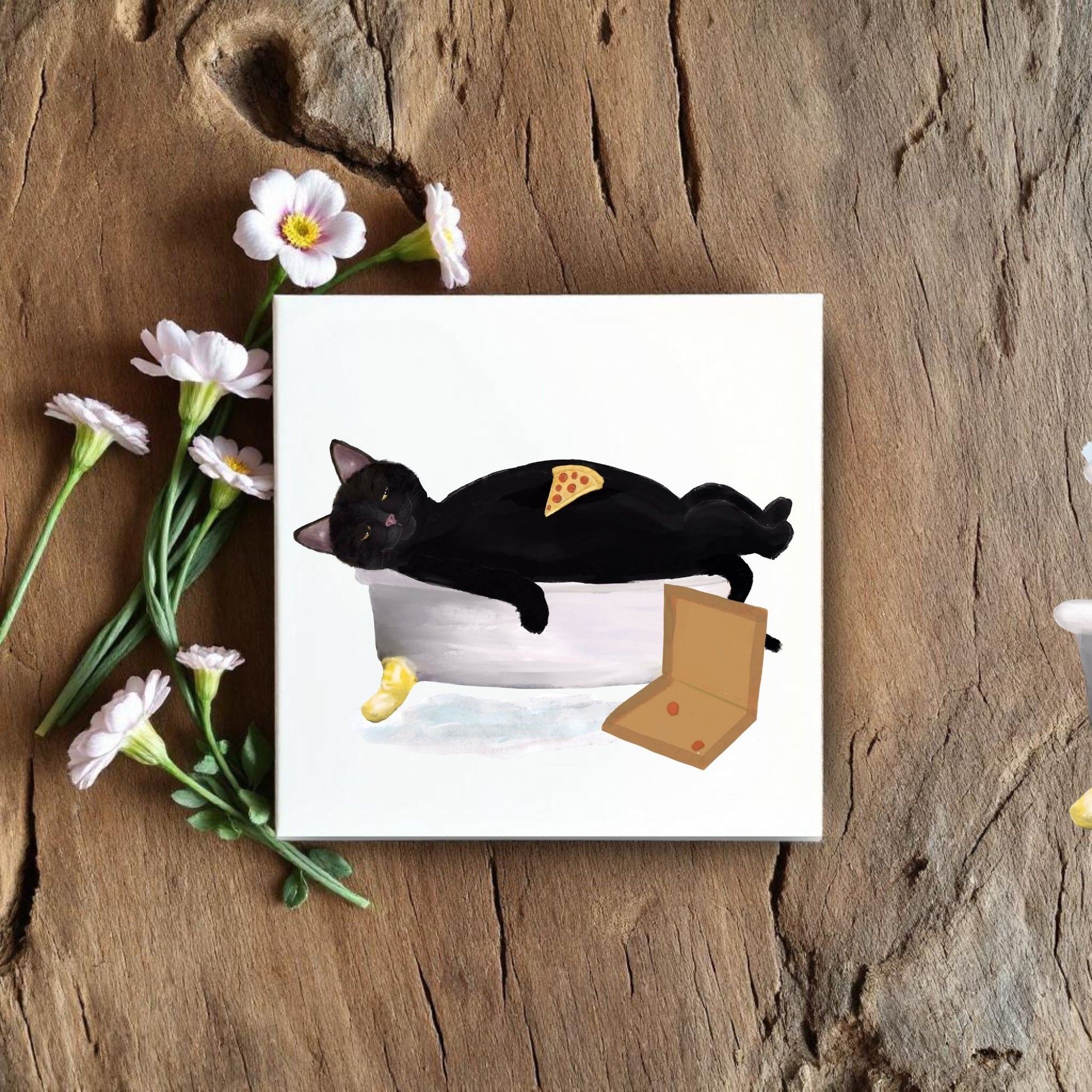 Black Cat Pizza Lover Ceramic Tile – Whimsical Handcrafted Artwork - MerikaArt