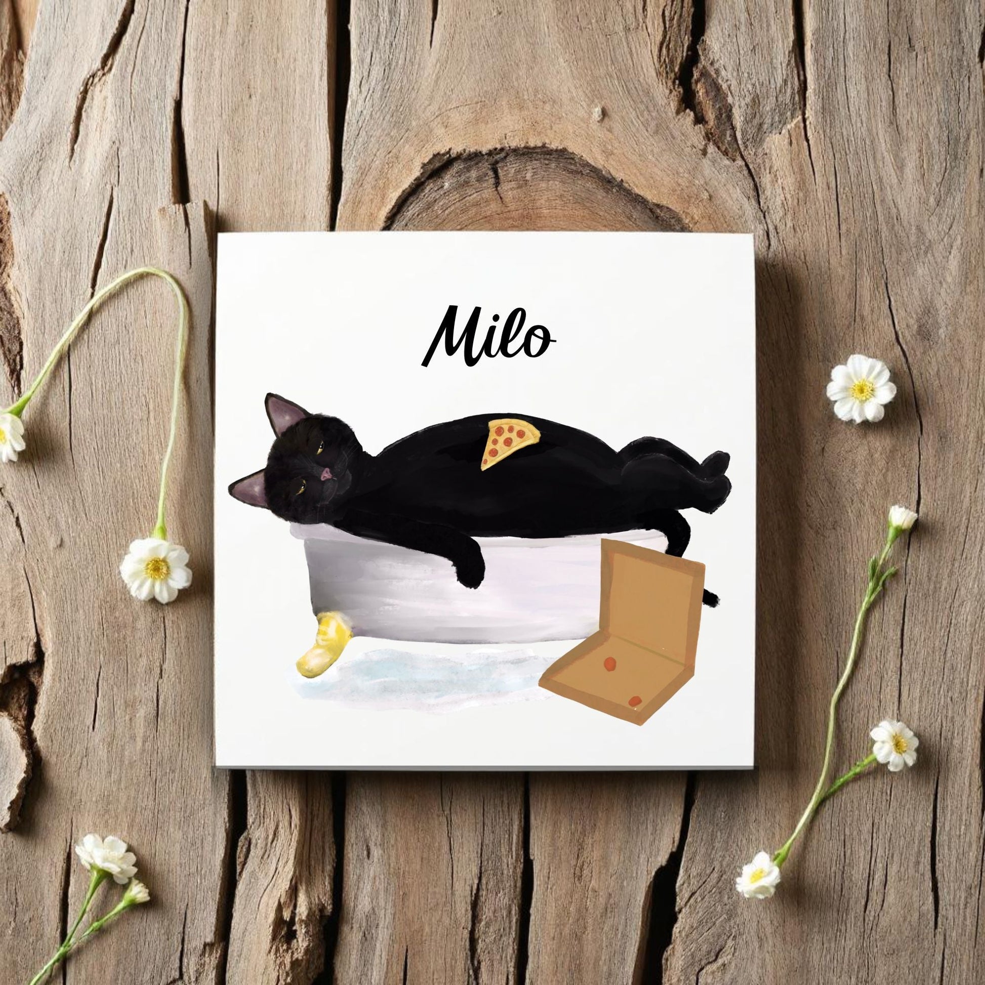 Black Cat Pizza Lover Ceramic Tile – Whimsical Handcrafted Artwork - MerikaArt