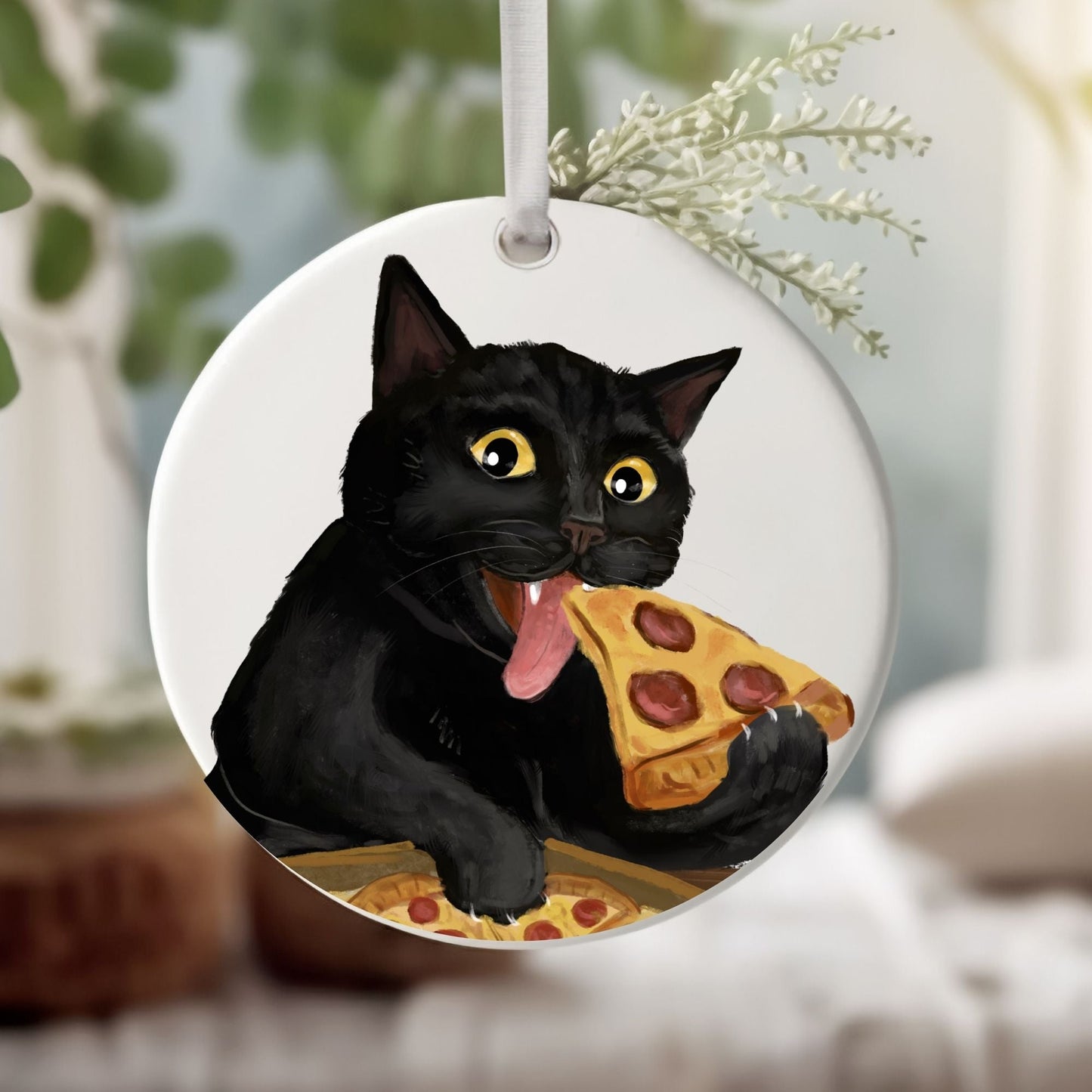 Black Cat Pizza Lover Ornament - MerikaArt