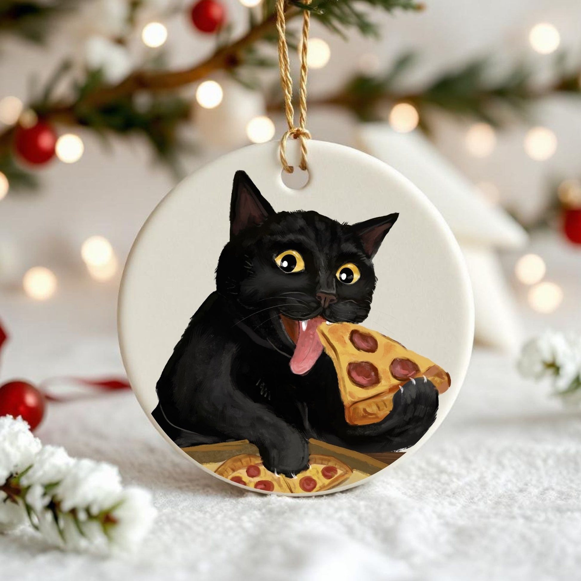 Black Cat Pizza Lover Ornament - MerikaArt
