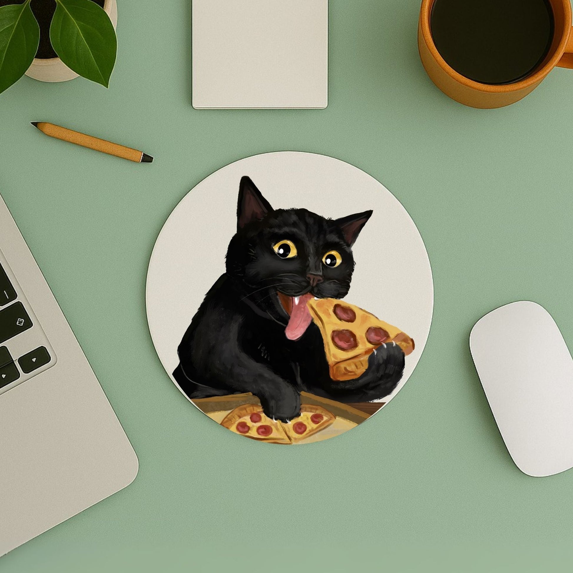 Black Cat Pizza Mousepad - MerikaArt
