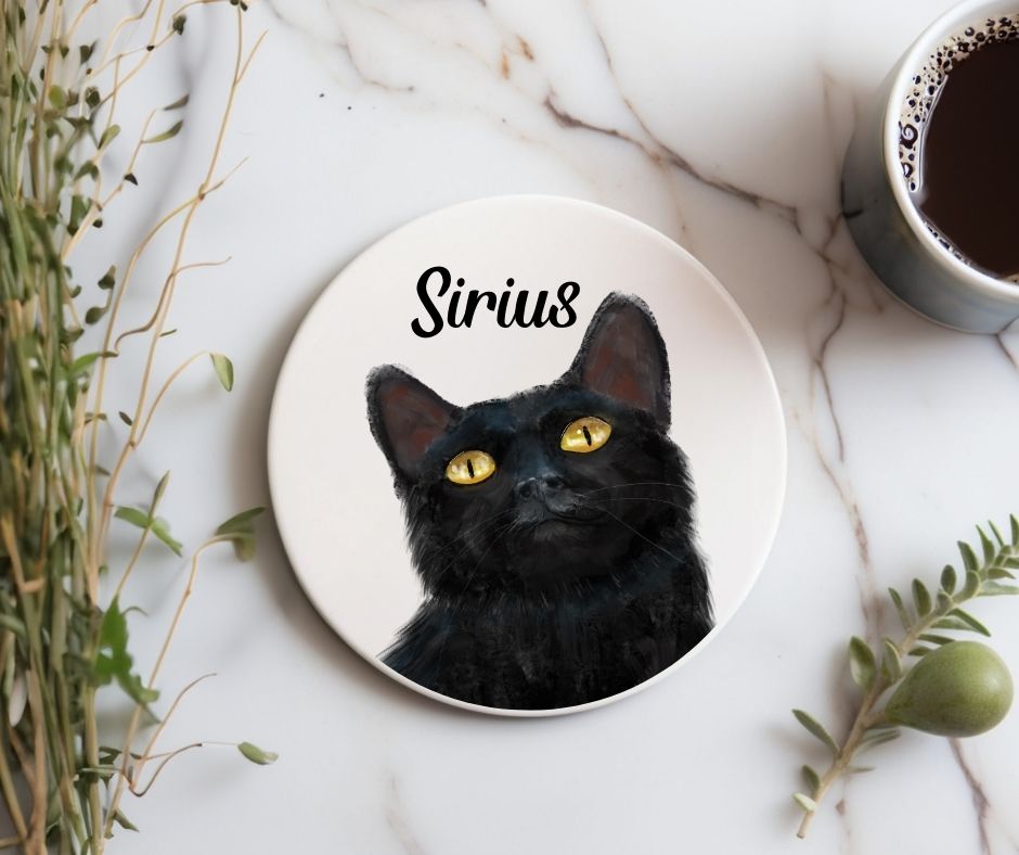 Black Cat Portrait Ceramic Coaster - MerikaArt