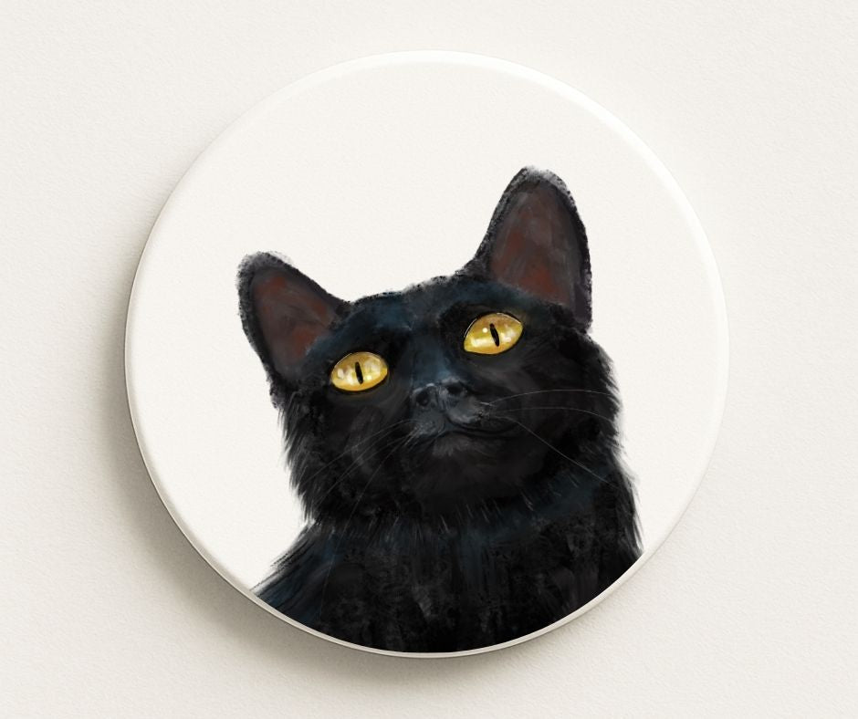 Black Cat Portrait Ceramic Coaster - MerikaArt