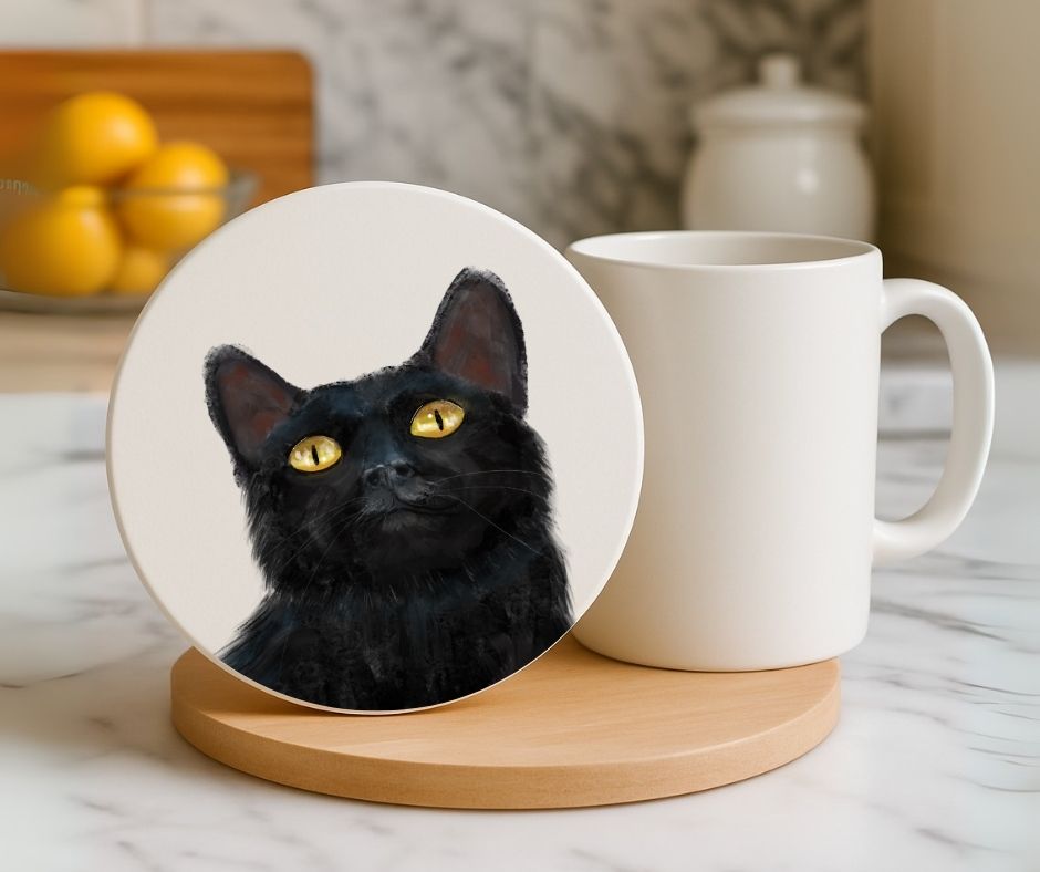 Black Cat Portrait Ceramic Coaster - MerikaArt