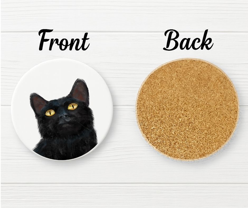 Black Cat Portrait Ceramic Coaster - MerikaArt