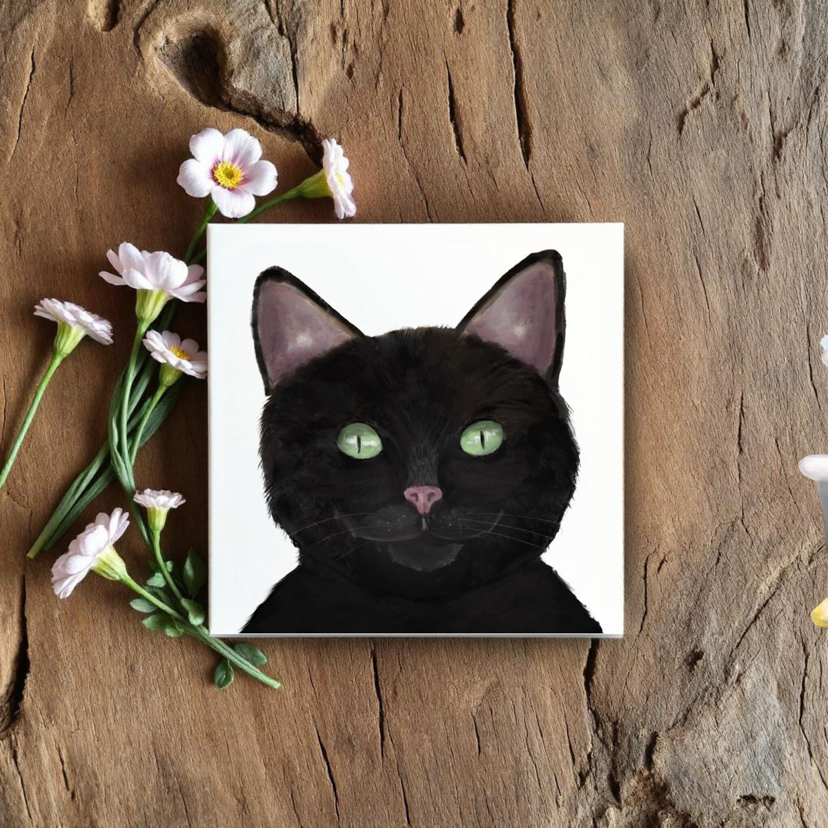 Black Cat Portrait Ceramic Tile - MerikaArt