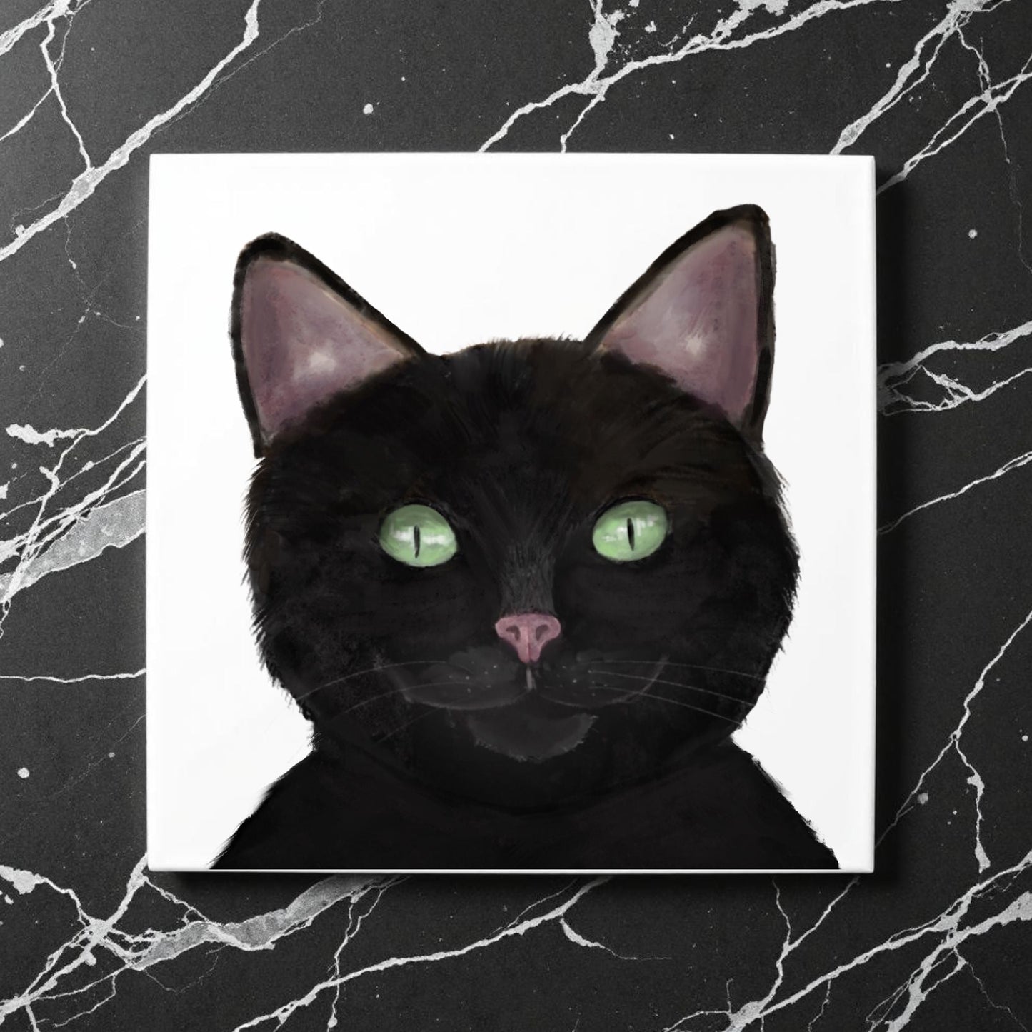 Black Cat Portrait Ceramic Tile - MerikaArt