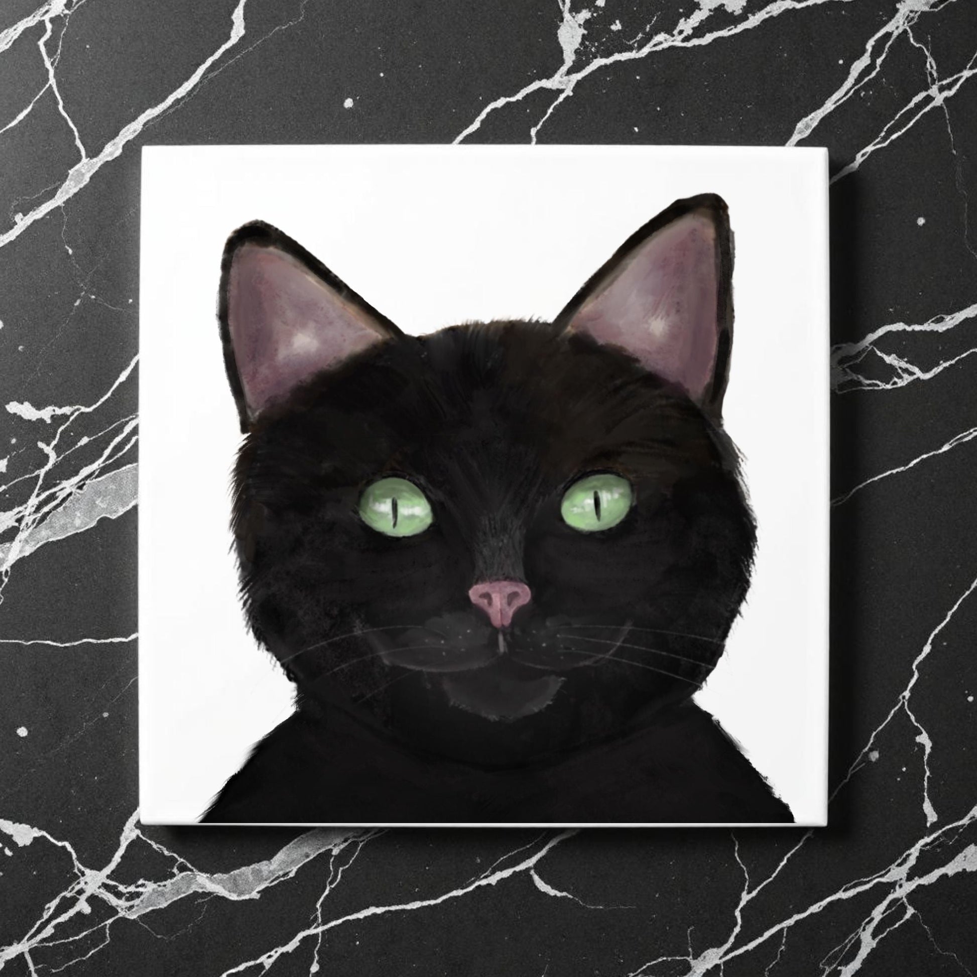 Black Cat Portrait Ceramic Tile - MerikaArt