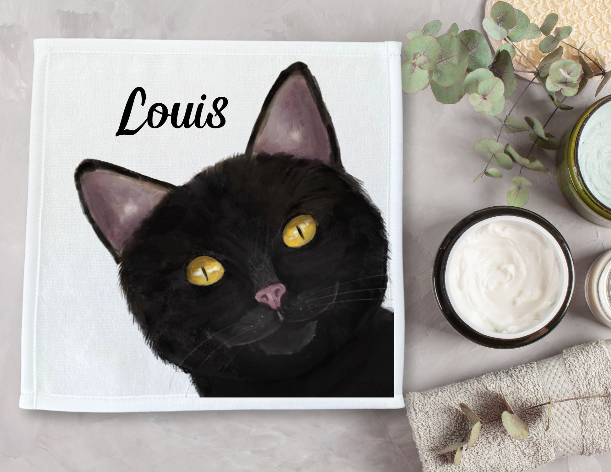 Black Cat Portrait Washcloth - MerikaArt